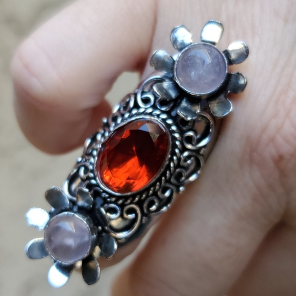 New Mozambique Garnet and Rose Quartz 925 Silver Flowers Statement Ring. - Picture 7 of 11